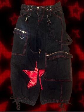 Black Cargo Pants with Red Accents and Star Design